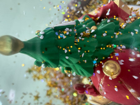Close up of christmas tree toy with blur bokeh backgroundの写真素材