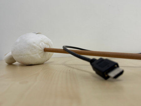 Wool ball and power cable on a wooden surface with white backgroundの写真素材