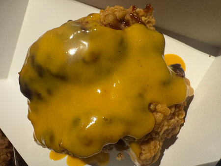 Pancakes with passion fruit and caramel sauce on a white plateの写真素材