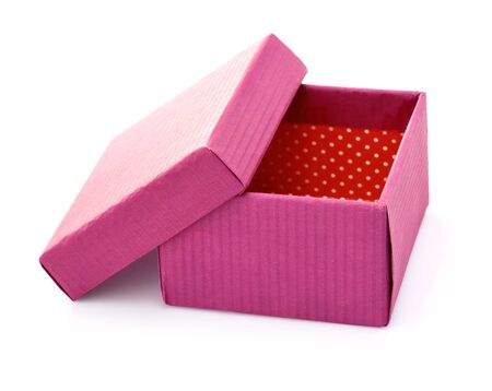 open pink cardboard box for gift packing isolated on white backgroundのeditorial素材