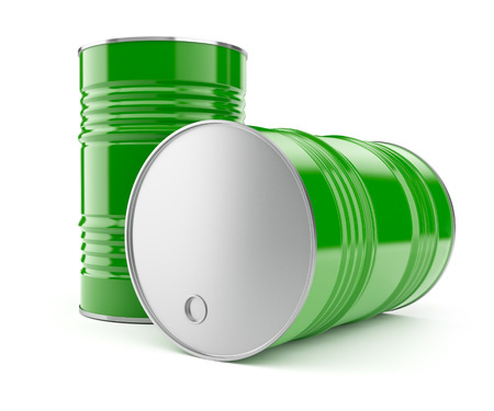 Metal barrels for oil or petrol storage. 3d rendered illustration. Isolated on white background. の写真素材