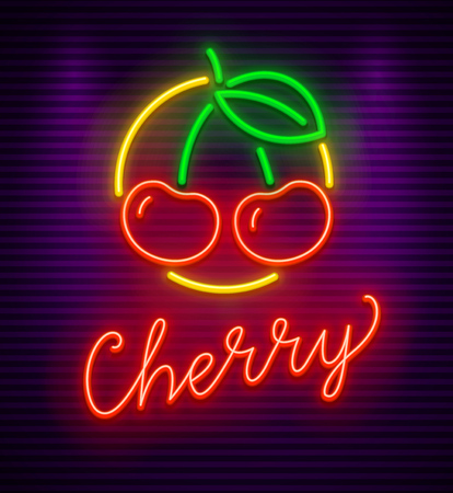 Cherry neon sign with berries and green leaf in circle. Symbol idea for bar or pub. Neon evening illumination, gradient mesh used. Vector illustration.のイラスト素材