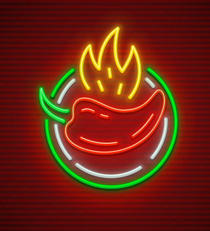 Pepper cayenne with fire. Sign for neon signboard with hot burning pepper. vector illustration.のイラスト素材