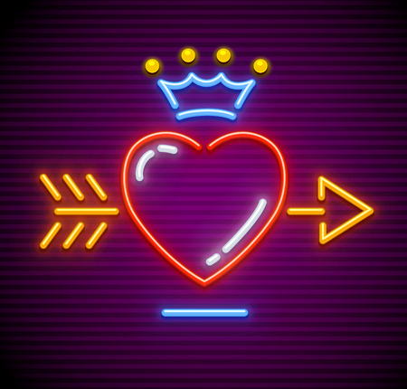 Love Heart stricken by gold arrow. Neon icon for sign with Royal crown. Symbol of love made of neon lamps with illumination. EPS10 vector illustration.のイラスト素材