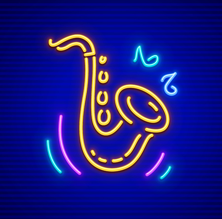 Saxophone. Neon musical instrument sign icon for jazz club made of neon lamps with night time illumination.のイラスト素材