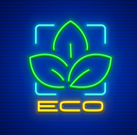 Eco Symbol Icon with green leaves. Neon ecology sign. Clean planet concept icon made of neon lamps with illumination. Vector illustration.のイラスト素材