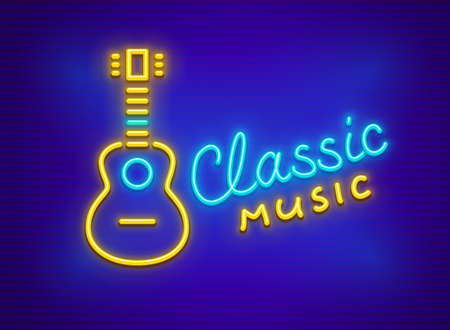 Neon icon of classic acoustic guitar.のイラスト素材