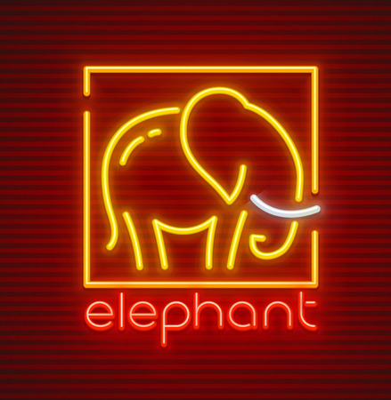 Elephant animal silhouette. Neon sign icon with shining text. EPS10 vector illustration made of neon lamps with illumination.のイラスト素材