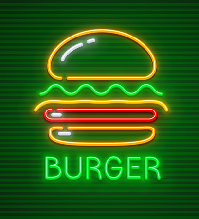 Burger neon icon. Hamburger fast food symbol with illumination on green background. EPS10 vector illustration.のイラスト素材