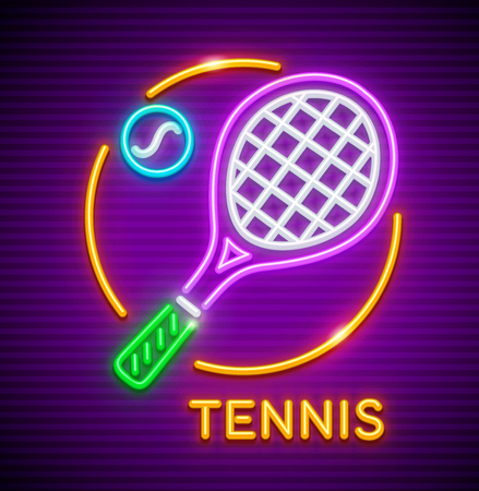 Neon icon with racket and ball for playing big tennis at court. Sporting equipment.のイラスト素材