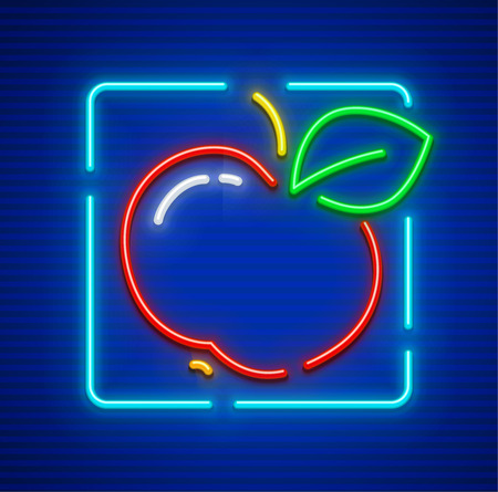 Red apple ripe fruit with green leaf neon icon. EPS10 vector illustration.のイラスト素材