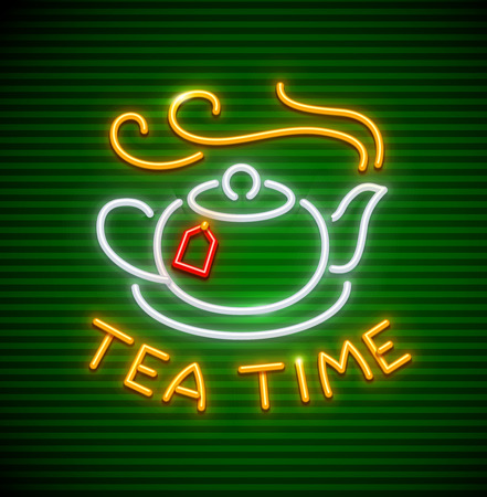 Tea time. Neon icon with teapot hot tea drink steam and label on saucer.のイラスト素材