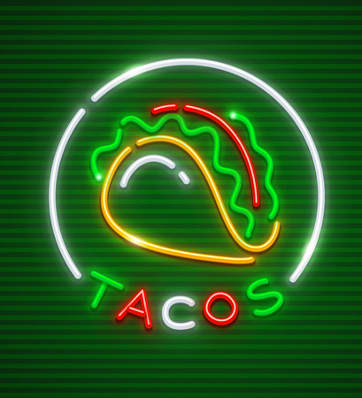 Tacos neon emblem. Mexican traditional cuisine. Neon logo icon for street food restaurant or cafe.のイラスト素材