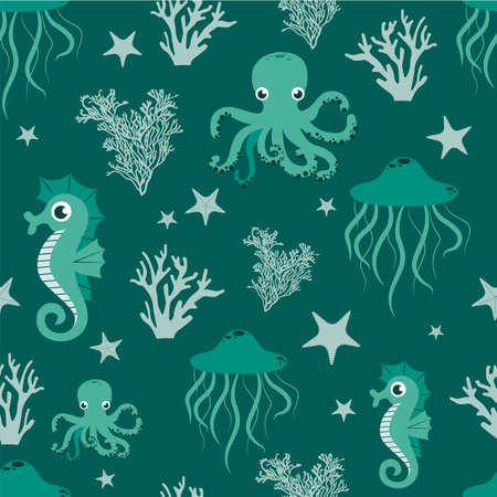 Sea marina pattern with ocean animals. Vector sea horse. vector illustrationのイラスト素材