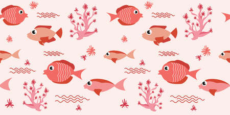 Fish seamless pattern in cartoon style. Sea animal vector background. Ocean, marineのイラスト素材