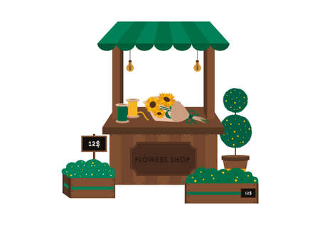 Flower shop flat illustration. Small shop with flowers bouquetのイラスト素材
