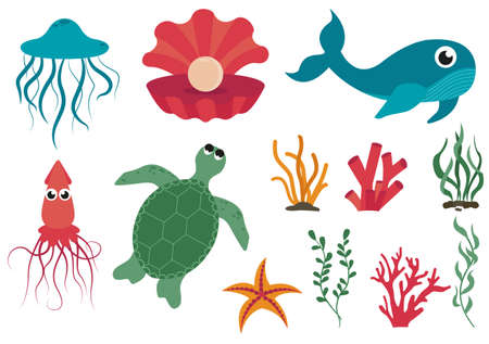 Sea animals and algae vector setのイラスト素材