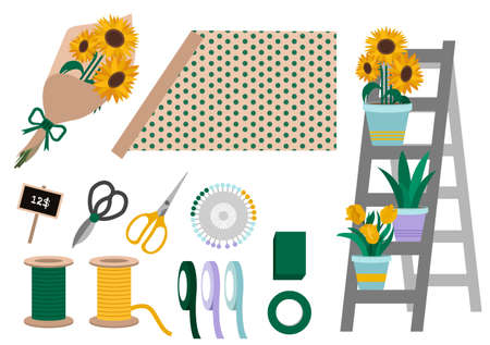 Flowers shop and florists instruments. Gift paper for design bouquet and ribbonsのイラスト素材