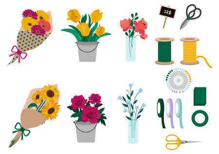 Flowers, bouquet and florist instruments set. Flowers shopのイラスト素材