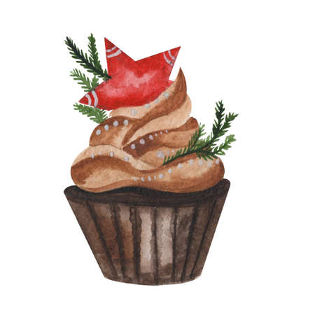 Watercolor hand draw illustration cake, muffin with christmas decorの写真素材
