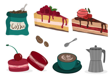 Coffee set with coffee cups and sweets. Macaroon and some pice of cakeのイラスト素材