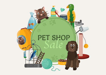 Pet shop sale banner with domestic animals and care accessories. Zoo store discountのイラスト素材