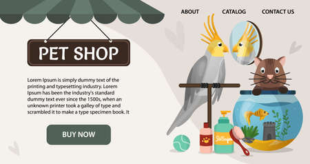 Pet shop sale banner or hedder for website with domestic animals and care accessories. Zoo store discountのイラスト素材