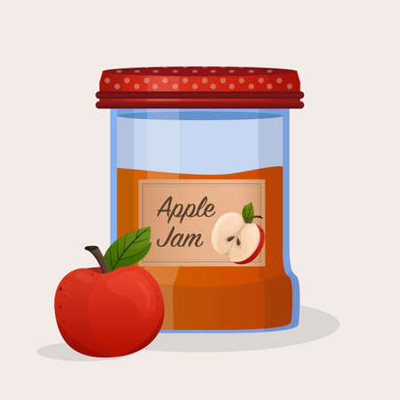 Apple jam in jar. Apple confiture. Vector food illustration in cartoon flat style. Breakfastのイラスト素材