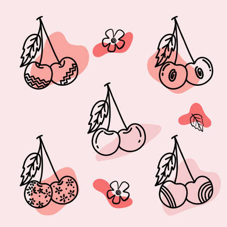 Cherry in hand drawn style with abstract shapes. Food eco template for menu, cherry jam and juice...