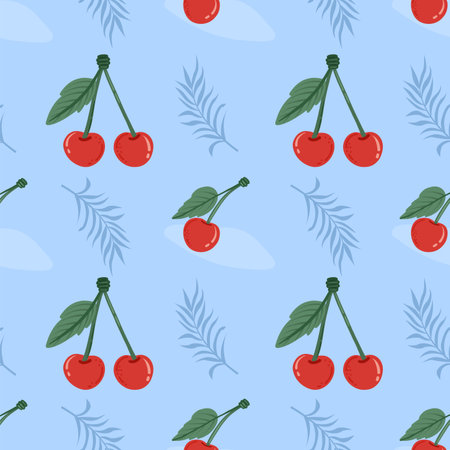 Cherry fruit seamless pattern. Cherry in cartoon style repeated backdrop. Whole fruit and cut half. Food template for background, textile, wrapping paper, wallpaperのイラスト素材
