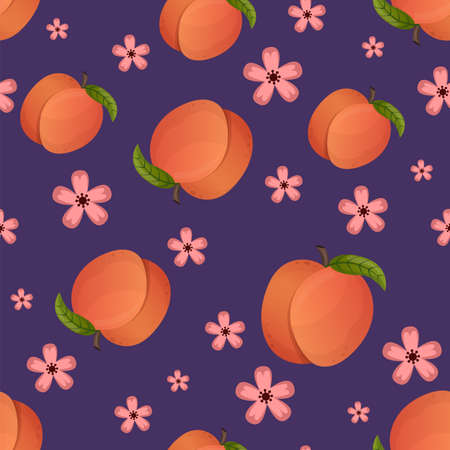 Peach fruit and plants seamless pattern. Peach in cartoon style repeated backdrop. Whole fruit and...