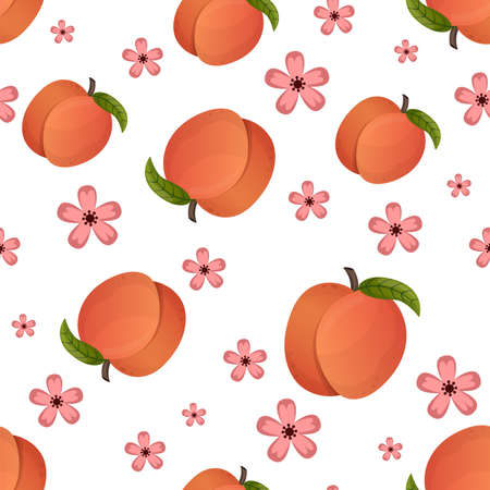 Peach fruit and plants seamless pattern. Peach in cartoon style repeated backdrop. Whole fruit and cut half. Food template for background, textile, wrapping paper, wallpaper. Vector illustrationのイラスト素材