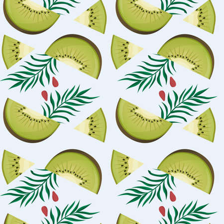 Kiwi fruit seamless pattern. Kiwi in cartoon style repeated backdrop. Whole fruit and cut half. Food...