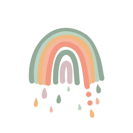 Rainbow hand drawn in boho style. Pastel color hand-drawn nursery modern rainbow poster. Cute design for baby shower, kids clothes print, card. Scandinavian minimalist style.のイラスト素材