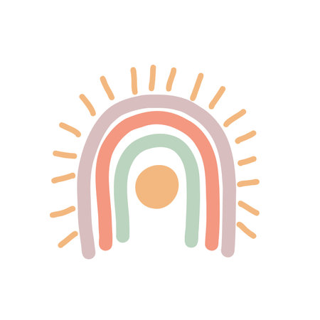 Rainbow hand drawn in boho style. Pastel color hand-drawn nursery modern rainbow poster. Cute design for baby shower, kids clothes print, card. Scandinavian minimalist style.のイラスト素材