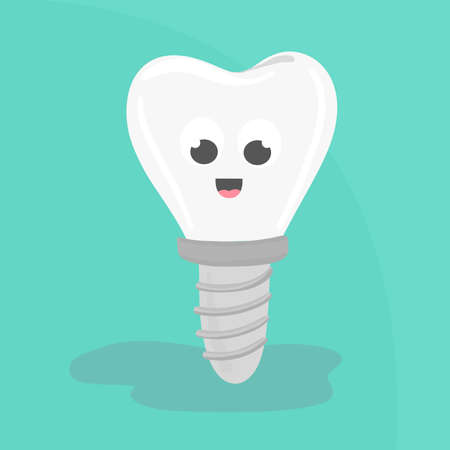 Teeth, implanted in cartoon style. Dental surgery poster human white enamel tooth crown denture orthodontic technology. Artificial teeth dentistry implantation jaw vector realistic stomatology clinic isolated concept.のイラスト素材