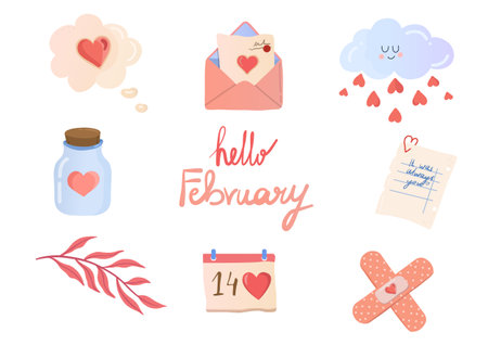 Valentines day set, postcard or banner design elements, cute love illustrationのイラスト素材