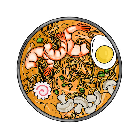 Ramen with noodles, shrimp, egg, and mushroom. Asian food. Doodle illustration for menu, and bannerのイラスト素材