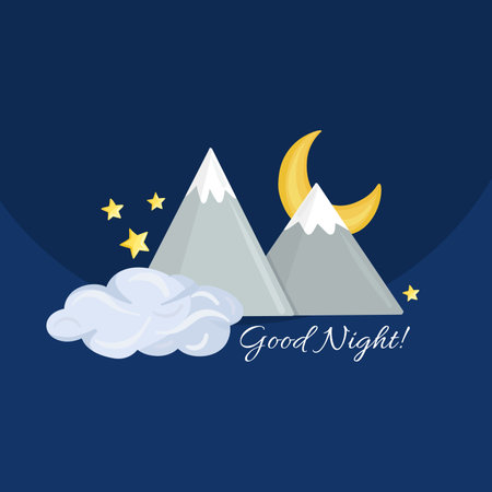 Cute mountains with the moon in the night sky and lettering good nightのイラスト素材