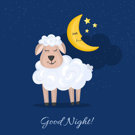 Sheep and moon in cartoon style with lettering Good Nightのイラスト素材