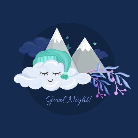 The cute cloud with the hat is sleeping. Behind it mountains with elegant plants.のイラスト素材