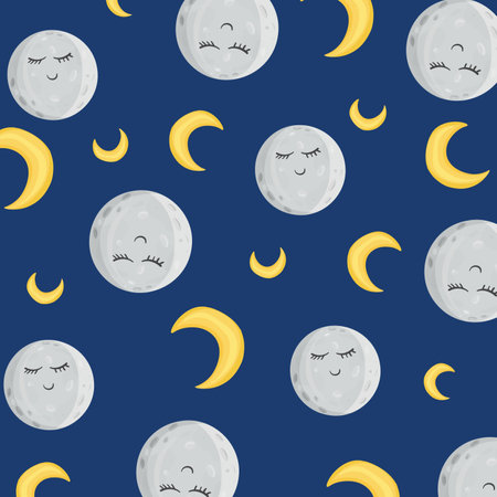 Pattern cute moons on the blue sky. In cartoon styleのイラスト素材