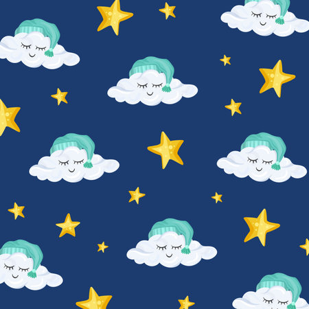 Pattern with cute clouds and stars in cartoon style on the light backgroundのイラスト素材