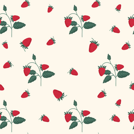 A seamless pattern of red strawberries with green leaves on a light background.のイラスト素材