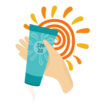 Female Hands Holding Sunscreen Lotion with the sun on the background: Sun Protection in Your Hands. Isolated Vector Illustration EPS.のイラスト素材