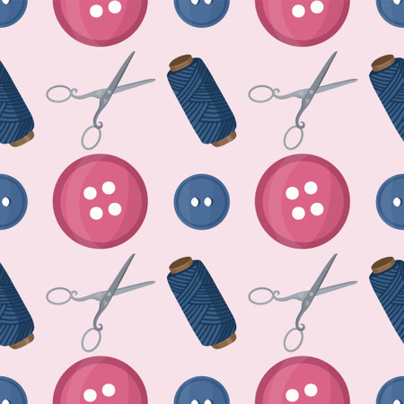 Seamless pattern with sewing tools elements, cartoon style. Wrap, fabric vector