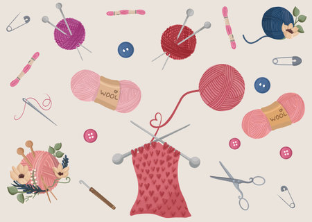 Handmade, knitting supplies set. Wool balls. Cartoon doodle objects, hobby toolsのイラスト素材
