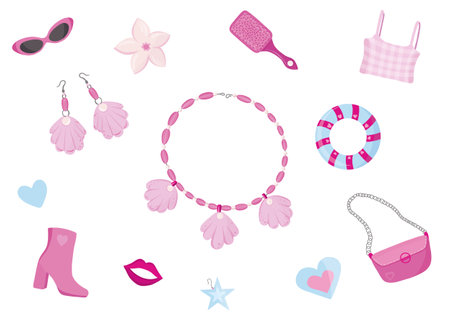 Set of trendy pink doll. Babiecore set. Aesthetic accessories and clothingのイラスト素材