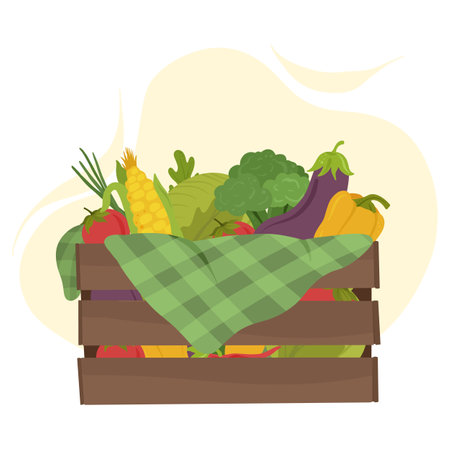 Vegetables in a wooden box. Harvest, farm products, ecoのイラスト素材