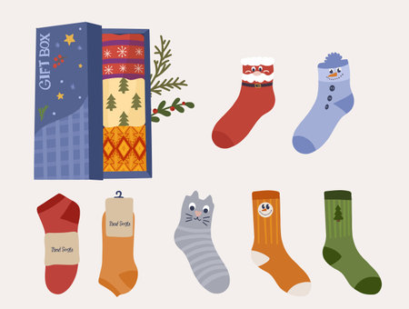 Set of cozy Christmas, and winter socks, featuring playful designs like Santa, snowmen, and Christmas trees. Includes a gift box with patterned socks and vibrant holiday colors, perfect for a cheerful seasonal vibe.のイラスト素材